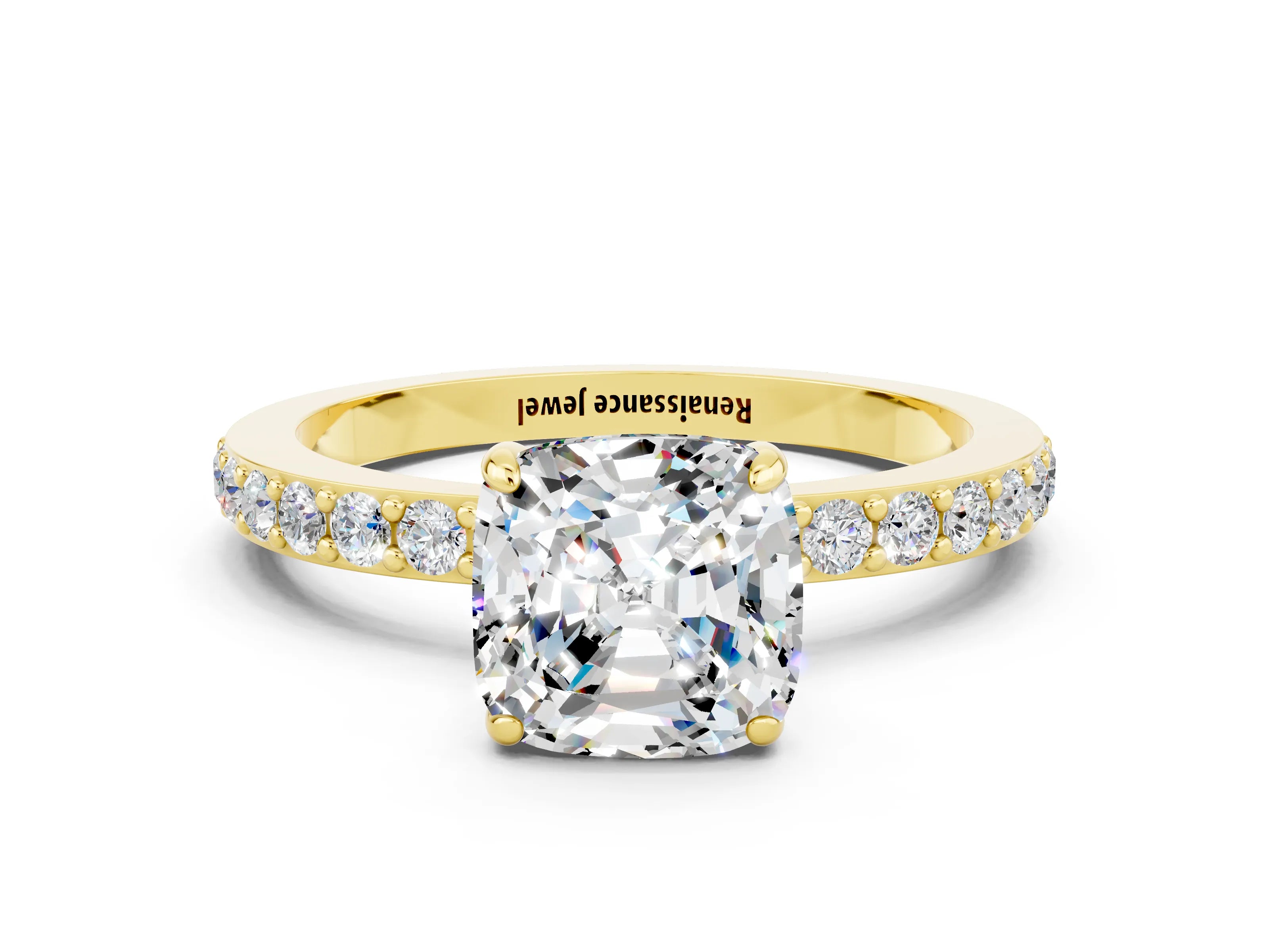 Yellow gold Cushion Cut Moissanite Solitaire Engagement Ring with Pavé Band and Four-Prong Setting