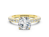Yellow gold Cushion Cut Moissanite Solitaire Engagement Ring with Pavé Band and Four-Prong Setting