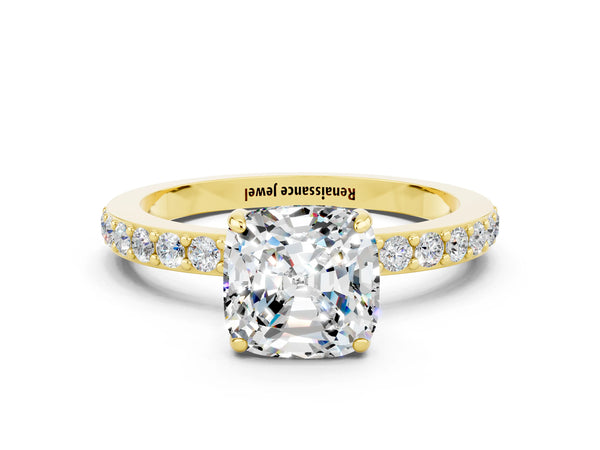 Yellow gold Cushion Cut Moissanite Solitaire Engagement Ring with Pavé Band and Four-Prong Setting