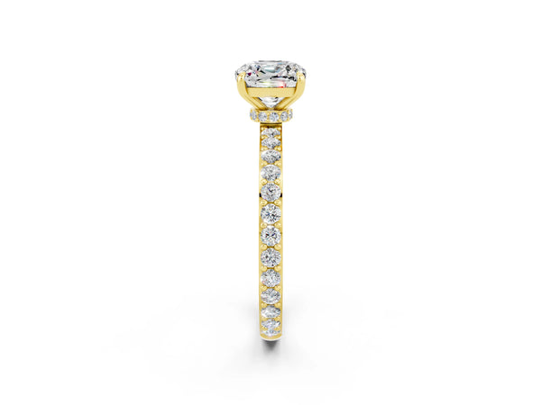 Yellow gold Cushion Cut Moissanite Solitaire Engagement Ring with Pavé Band and Four-Prong Setting