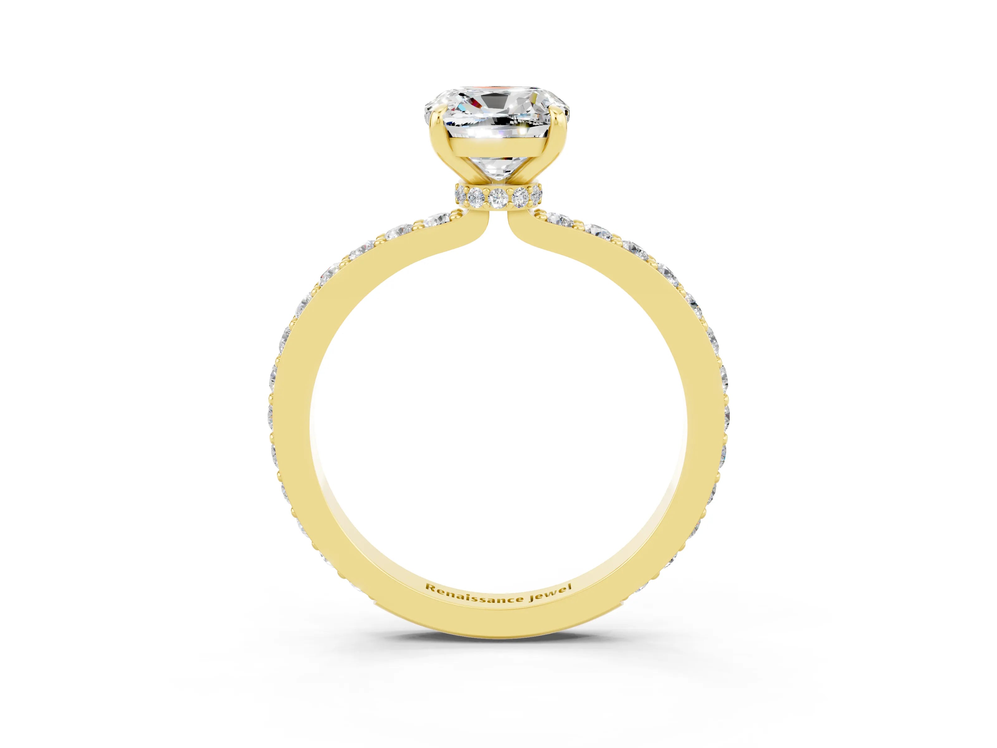 Yellow gold Cushion Cut Moissanite Solitaire Engagement Ring with Pavé Band and Four-Prong Setting_3
