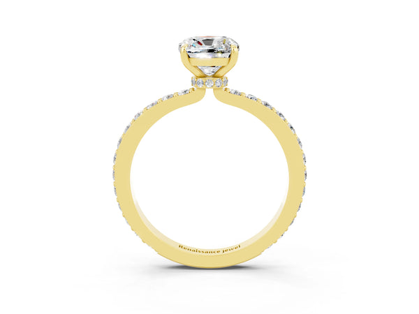 Yellow gold Cushion Cut Moissanite Solitaire Engagement Ring with Pavé Band and Four-Prong Setting
