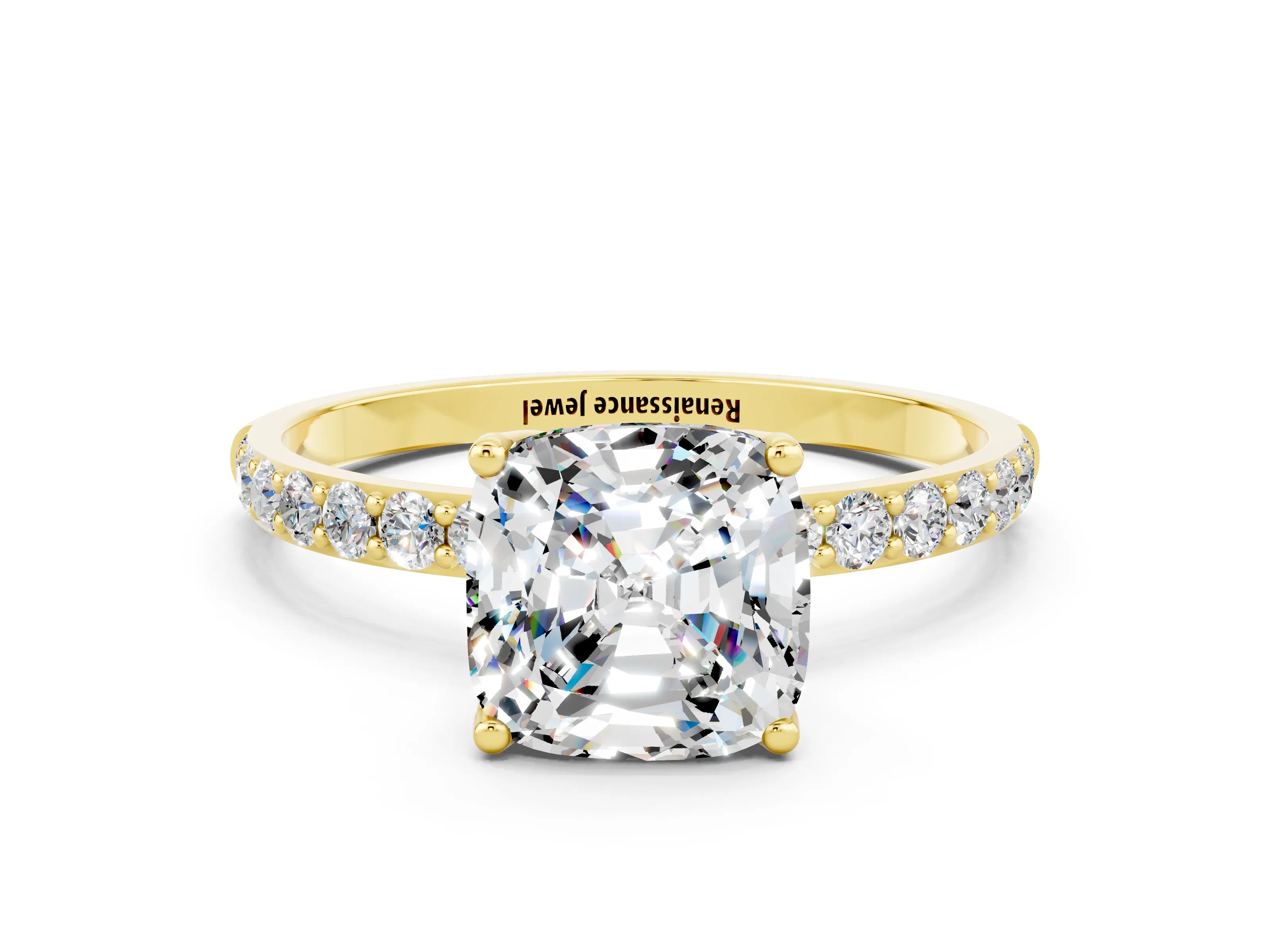 Yellow gold Cushion Cut Moissanite Solitaire Engagement Ring with Pavé Band and Prong Setting