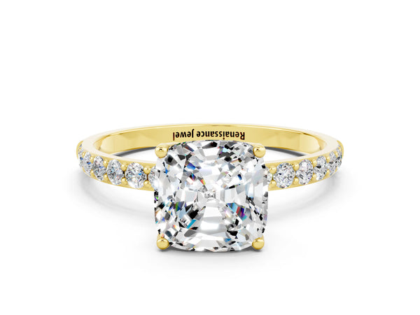 Yellow gold Cushion Cut Moissanite Solitaire Engagement Ring with Round  Pavé Band and Prong Setting