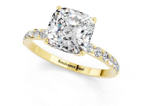 Yellow gold Cushion Cut Moissanite Solitaire Engagement Ring with Pavé Band and Prong Setting_1