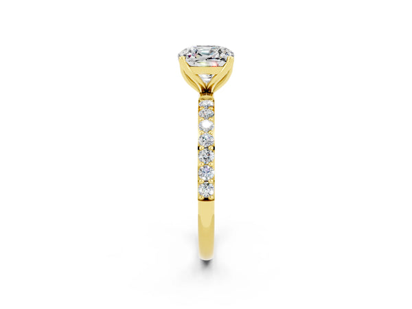 Yellow gold Cushion Cut Moissanite Solitaire Engagement Ring with Round  Pavé Band and Prong Setting