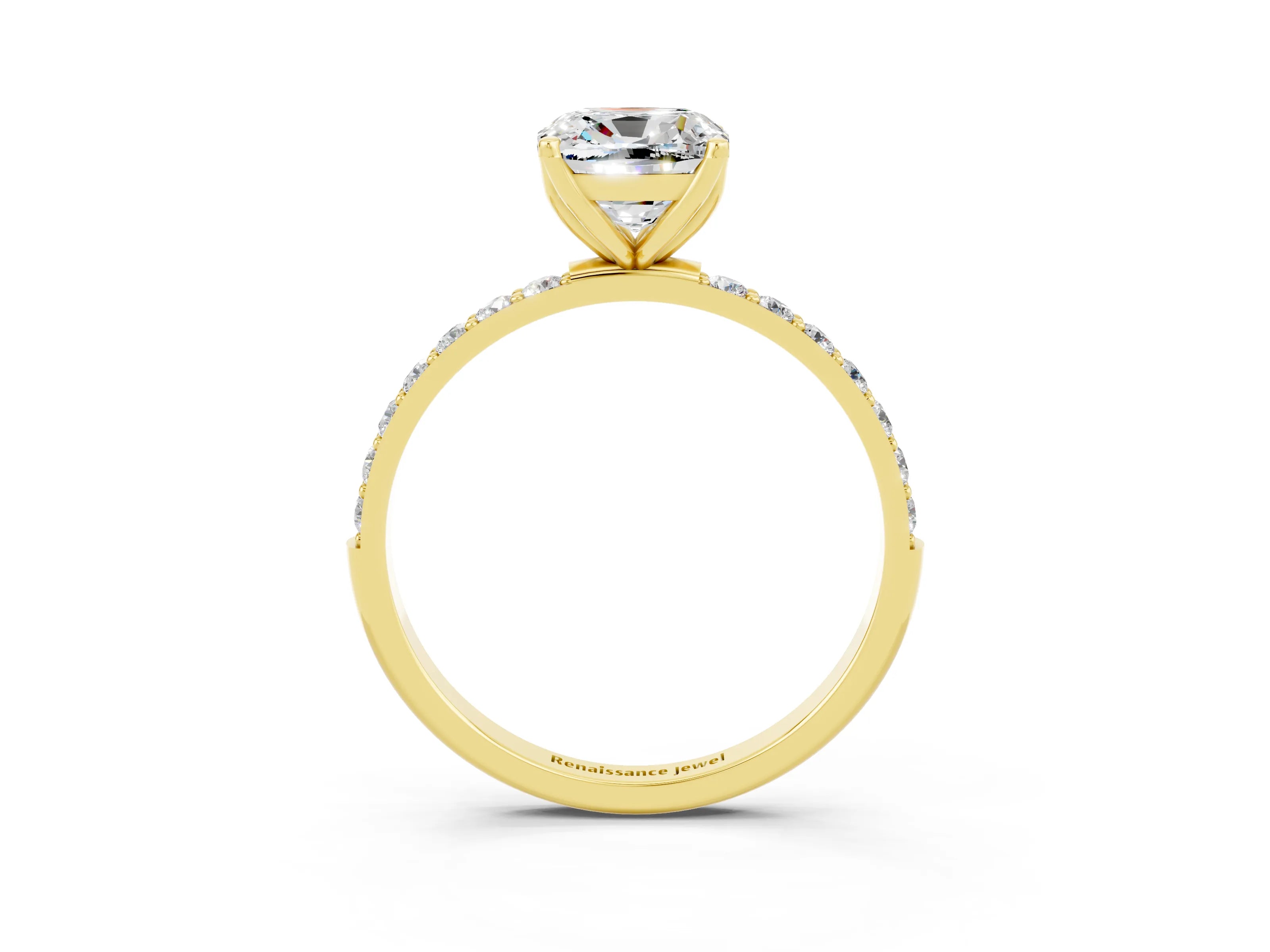 Yellow gold Cushion Cut Moissanite Solitaire Engagement Ring with Pavé Band and Prong Setting_3