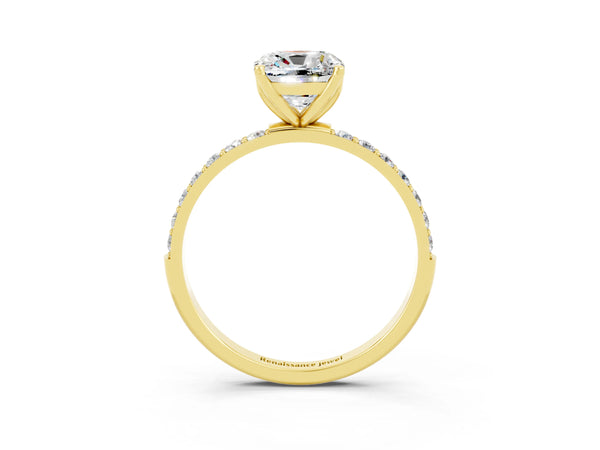 Yellow gold Cushion Cut Moissanite Solitaire Engagement Ring with Round  Pavé Band and Prong Setting