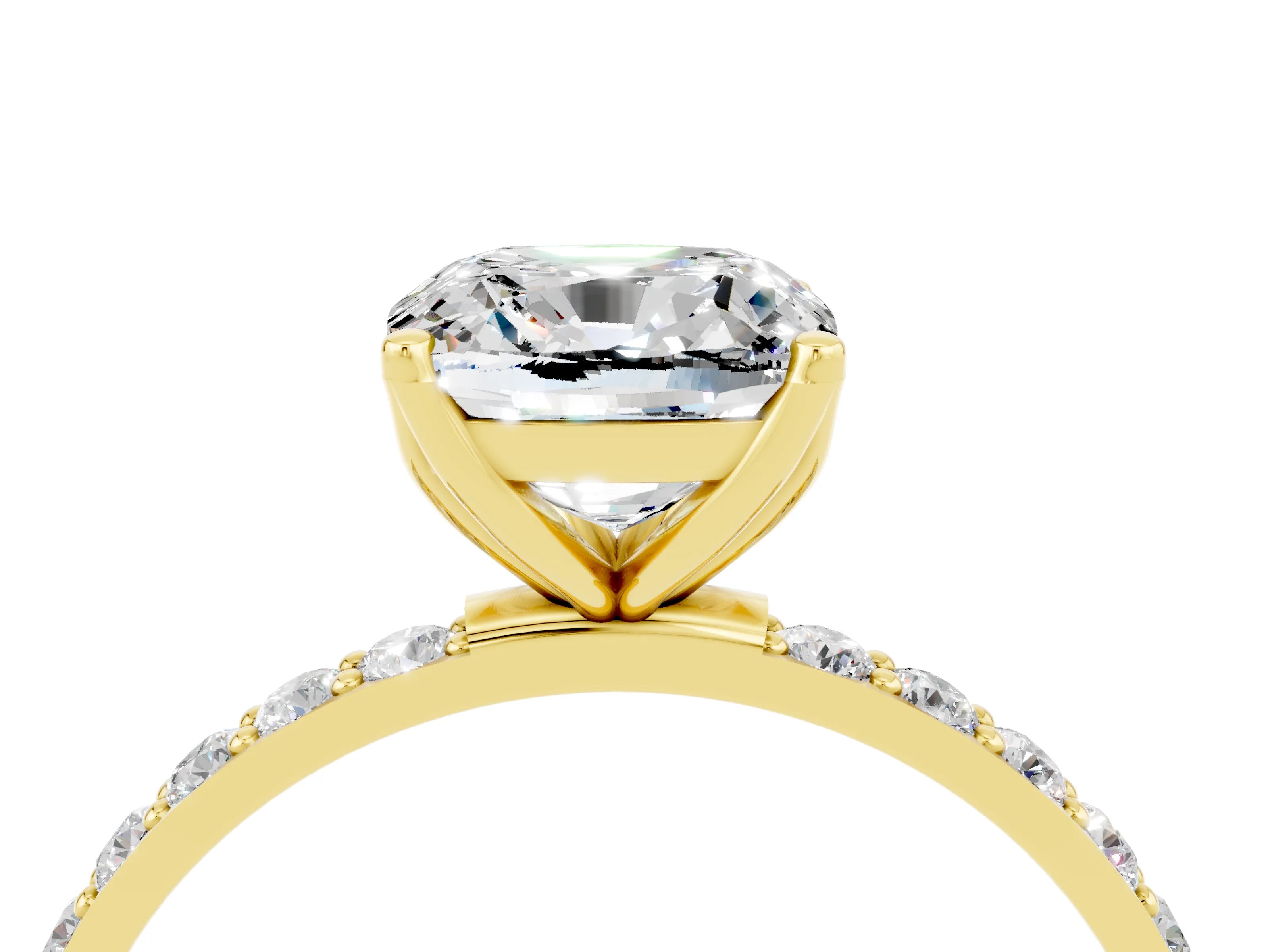 Yellow gold Cushion Cut Moissanite Solitaire Engagement Ring with Pavé Band and Prong Setting_4