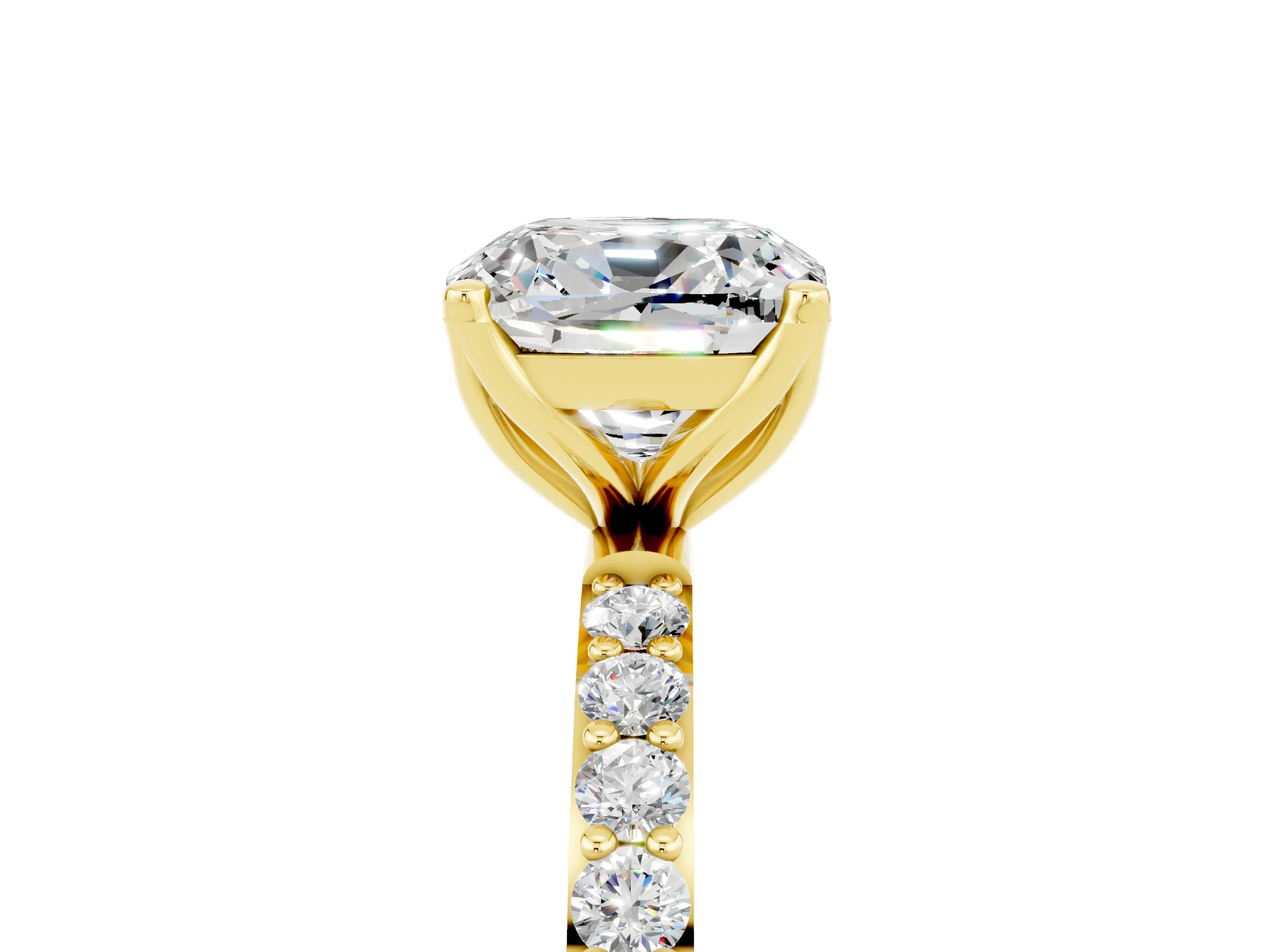 Yellow gold Cushion Cut Moissanite Solitaire Engagement Ring with Pavé Band and Prong Setting_5