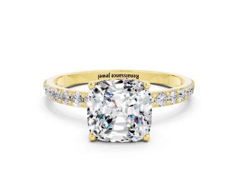 Yellow gold Cushion Cut Moissanite Solitaire Engagement Ring with Pavé Band and Prong Setting