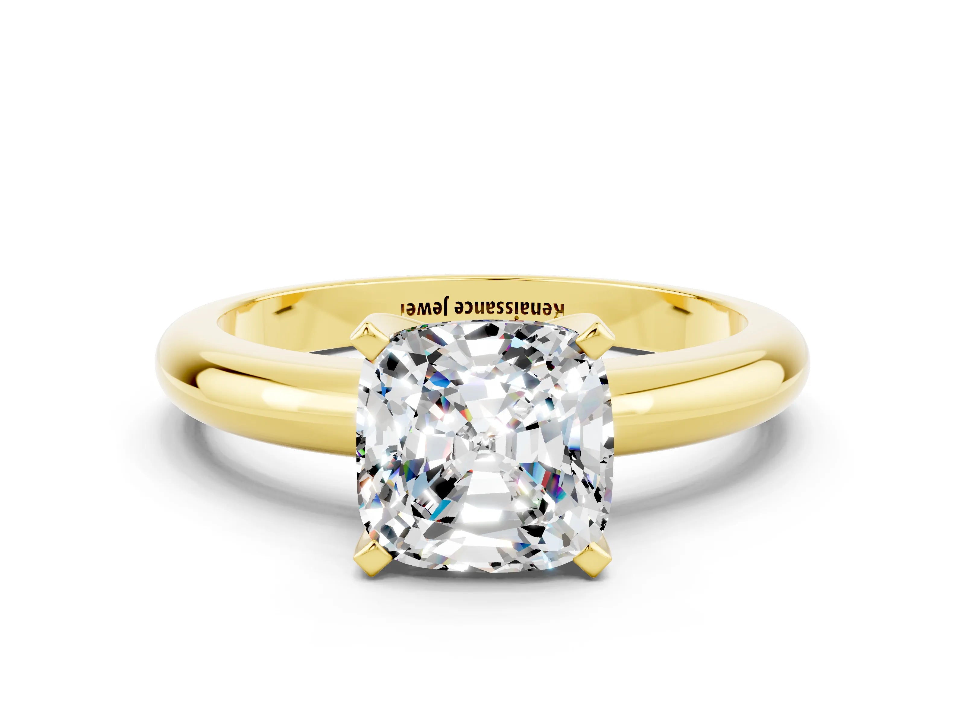 Yellow gold Cushion Cut Moissanite Solitaire Engagement Ring with Round Band and Four-Prong Setting