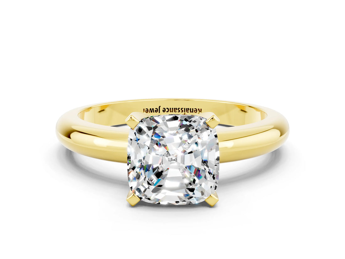 Yellow gold Cushion Cut Moissanite Solitaire Engagement Ring with Round Band and Four-Prong Setting