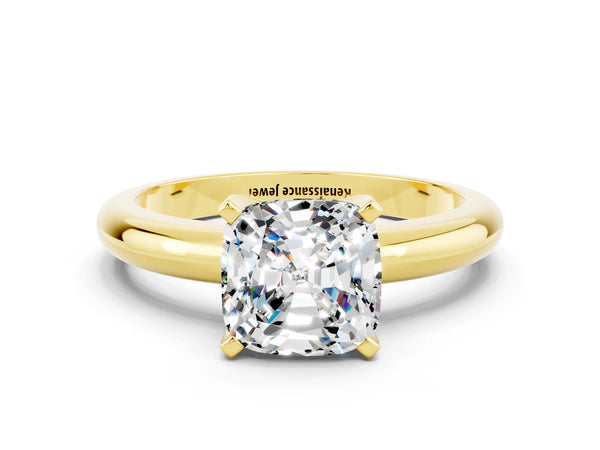 Yellow gold Cushion Cut Moissanite Solitaire Engagement Ring with Round Band and Four-Prong Setting
