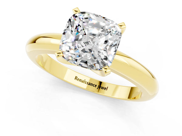 Yellow gold Cushion Cut Moissanite Solitaire Engagement Ring with Round Band and Four-Prong Setting