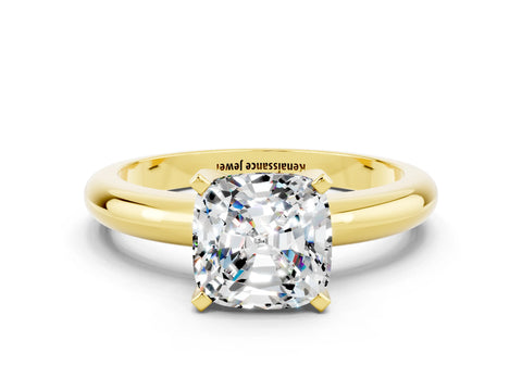 Yellow gold Cushion Cut Moissanite Solitaire Engagement Ring with Round Band and Four-Prong Setting