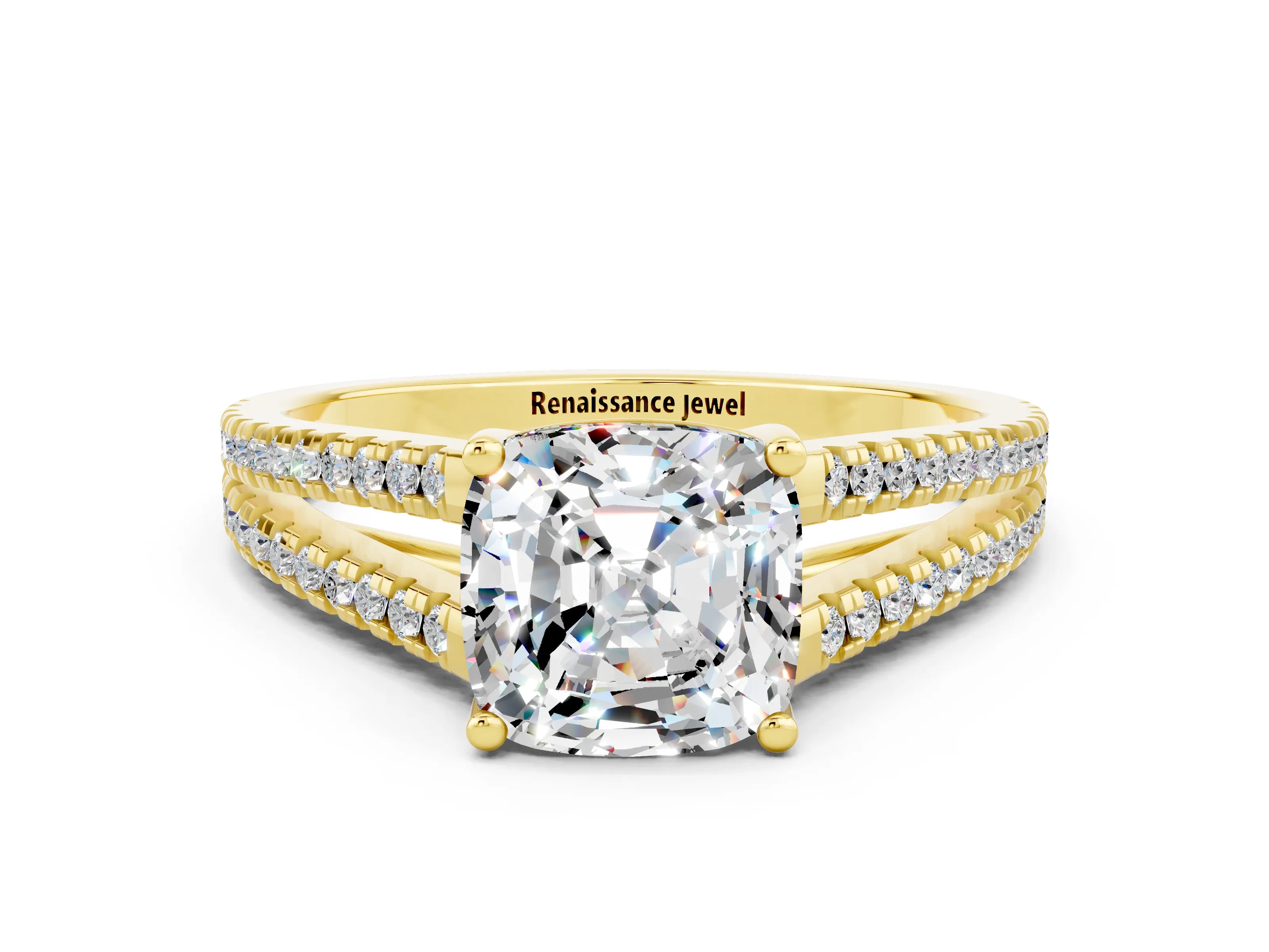 Yellow gold Cushion Cut Moissanite Solitaire Engagement Ring with Split Shank Pavé Band