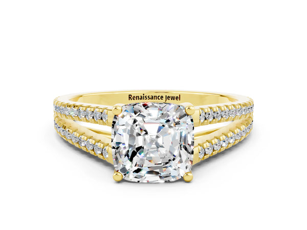 Yellow gold Cushion Cut Moissanite Solitaire Engagement Ring with Split Shank Pavé Band