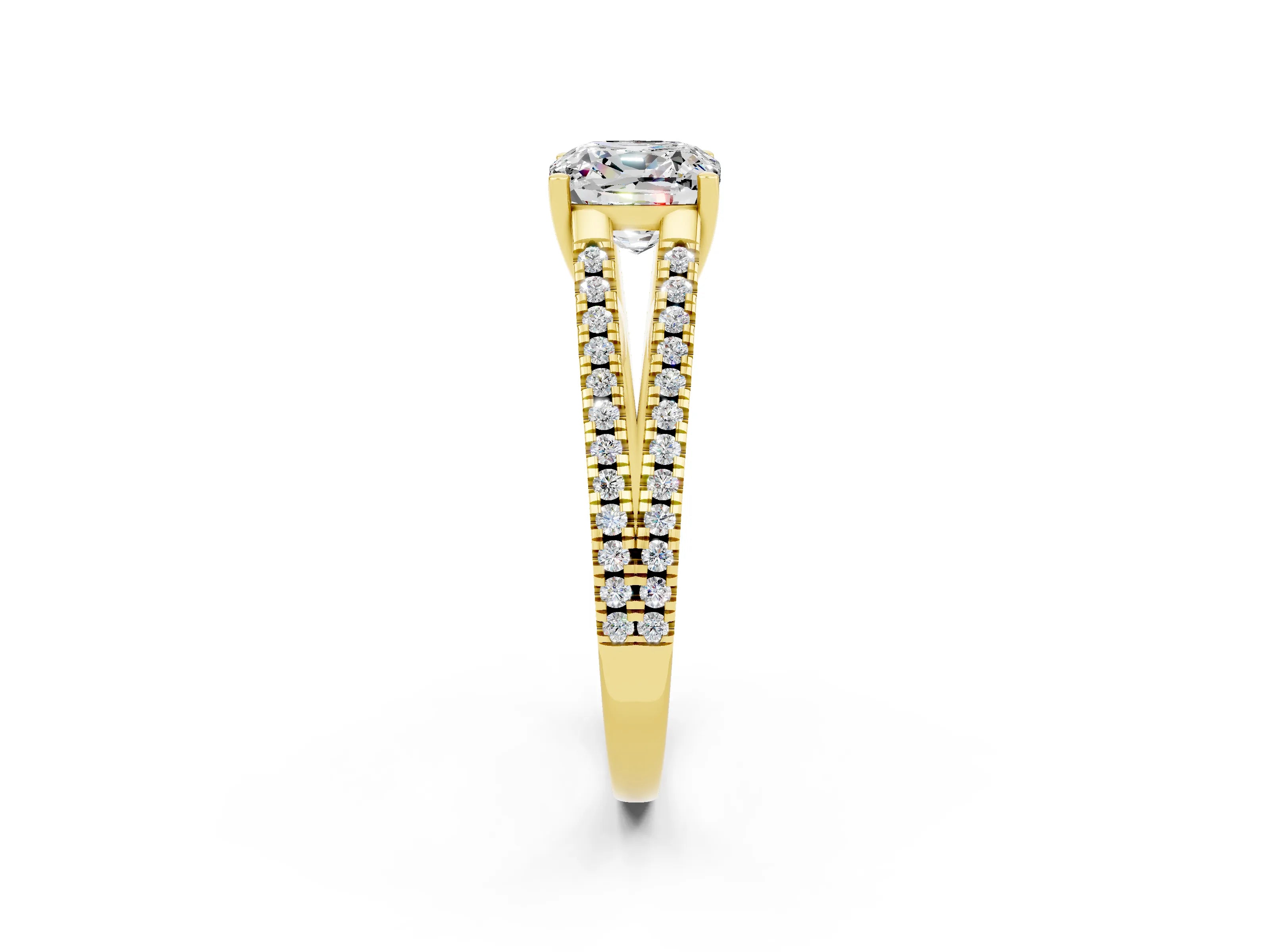Yellow gold Cushion Cut Moissanite Solitaire Engagement Ring with Split Shank Pavé Band_2
