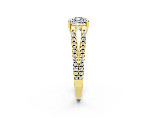 Yellow gold Cushion Cut Moissanite Solitaire Engagement Ring with Split Shank Pavé Band
