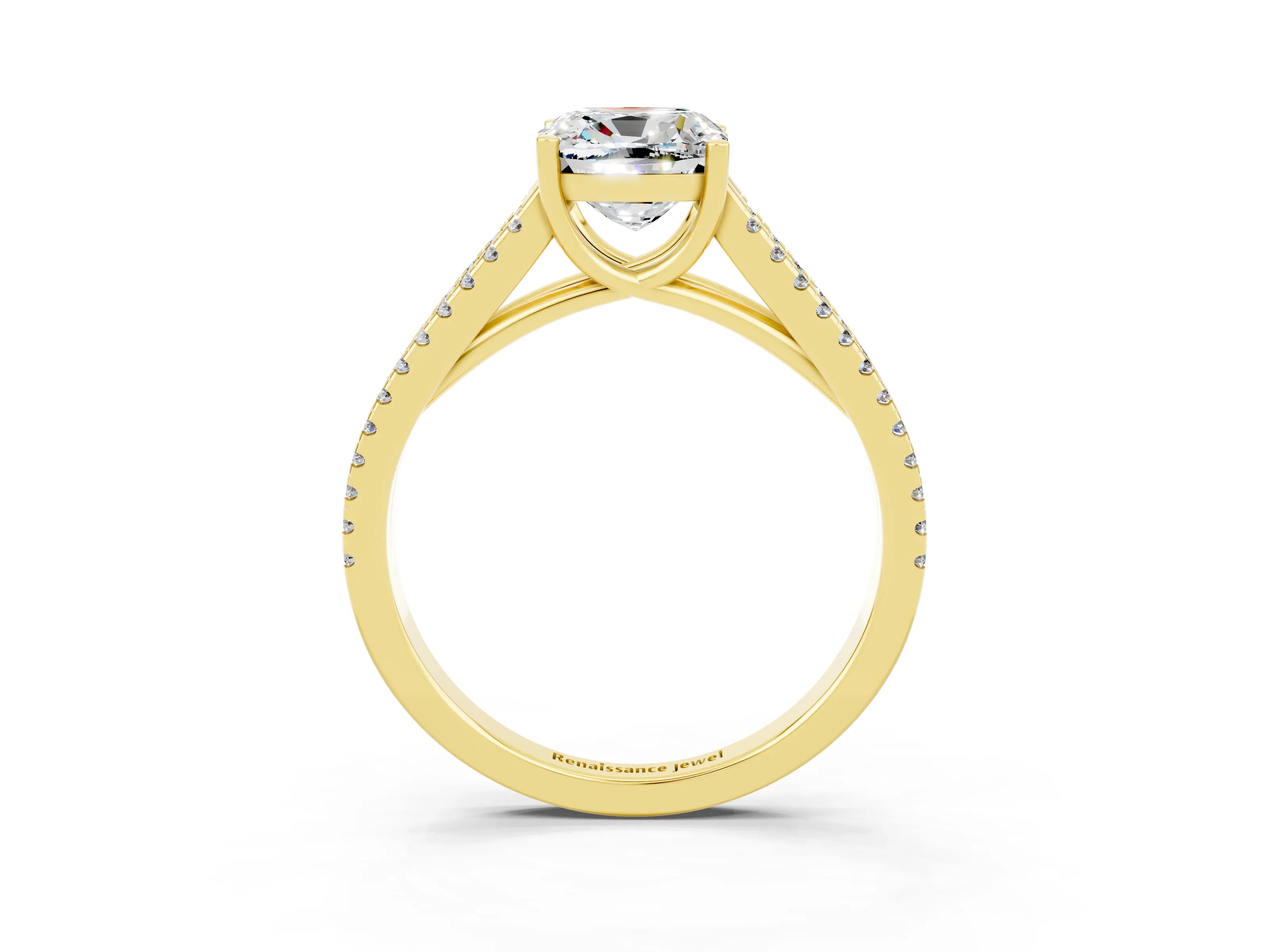 Yellow gold Cushion Cut Moissanite Solitaire Engagement Ring with Split Shank Pavé Band_3