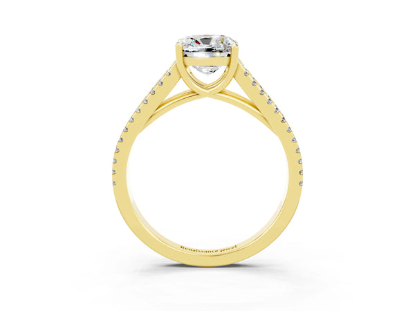 Yellow gold Cushion Cut Moissanite Solitaire Engagement Ring with Split Shank Pavé Band