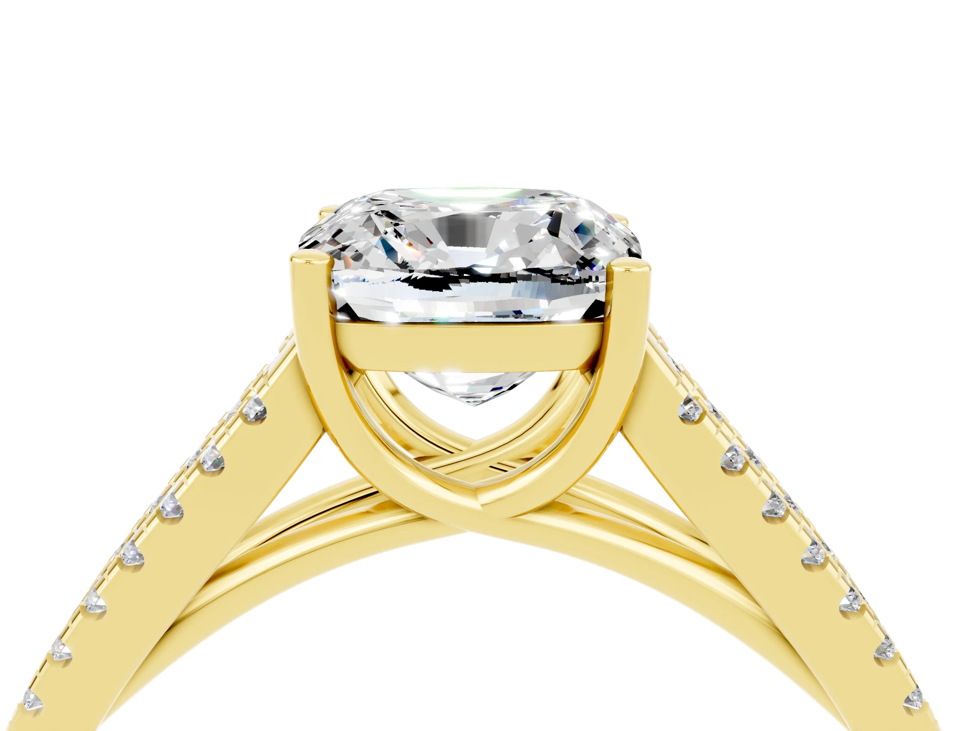 Yellow gold Cushion Cut Moissanite Solitaire Engagement Ring with Split Shank Pavé Band_4