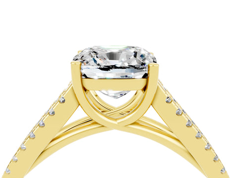 Yellow gold Cushion Cut Moissanite Solitaire Engagement Ring with Split Shank Pavé Band_4