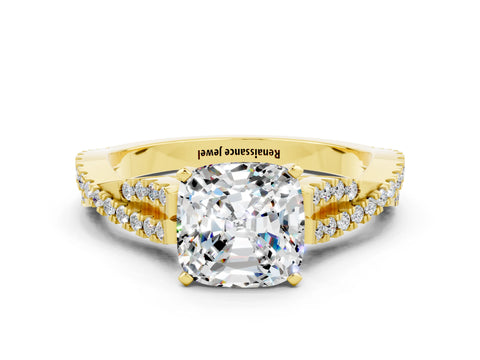 Yellow gold Cushion Cut Moissanite Solitaire Engagement Ring with Twisted Pavé Band and Four-Prong Setting_12