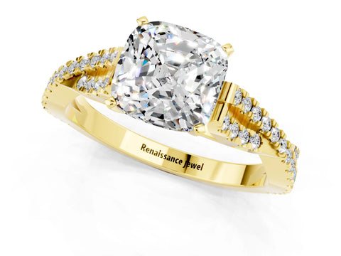 Yellow gold Cushion Cut Moissanite Solitaire Engagement Ring with Twisted Pavé Band and Four-Prong Setting_13