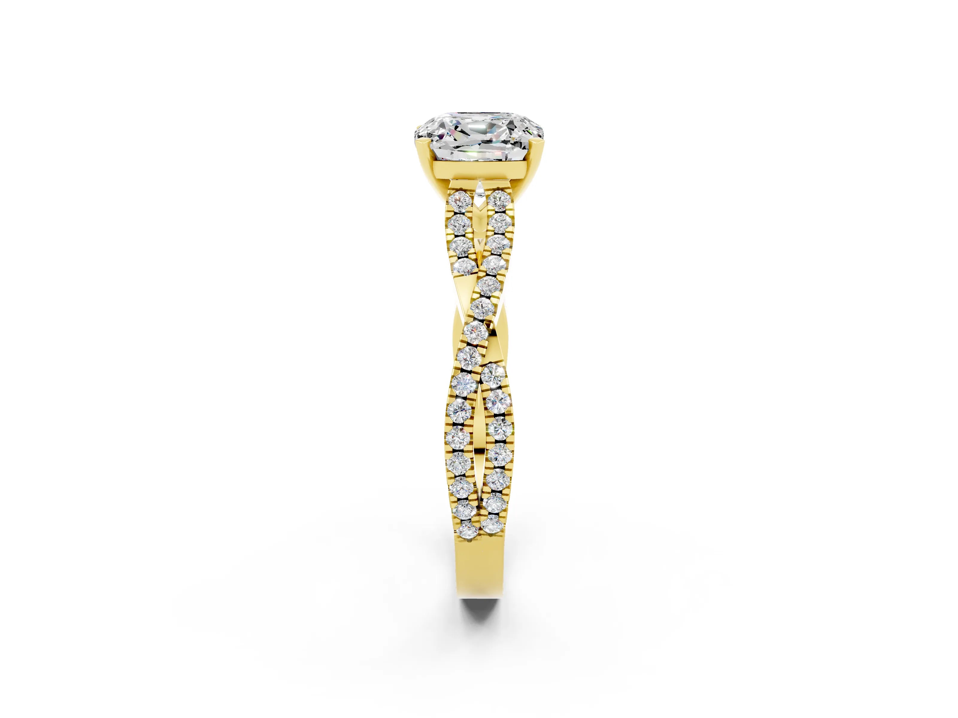 Yellow gold Cushion Cut Moissanite Solitaire Engagement Ring with Twisted Pavé Band and Four-Prong Setting_14
