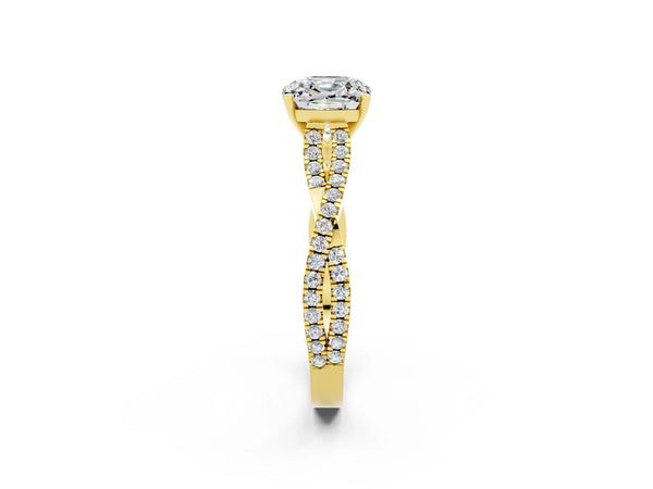 Yellow gold Cushion Cut Moissanite Solitaire Engagement Ring with Twisted Pavé Band and Four-Prong Setting