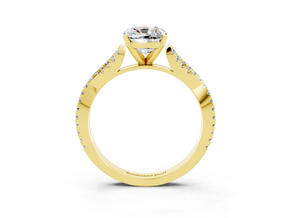 Yellow gold Cushion Cut Moissanite Solitaire Engagement Ring with Twisted Pavé Band and Four-Prong Setting