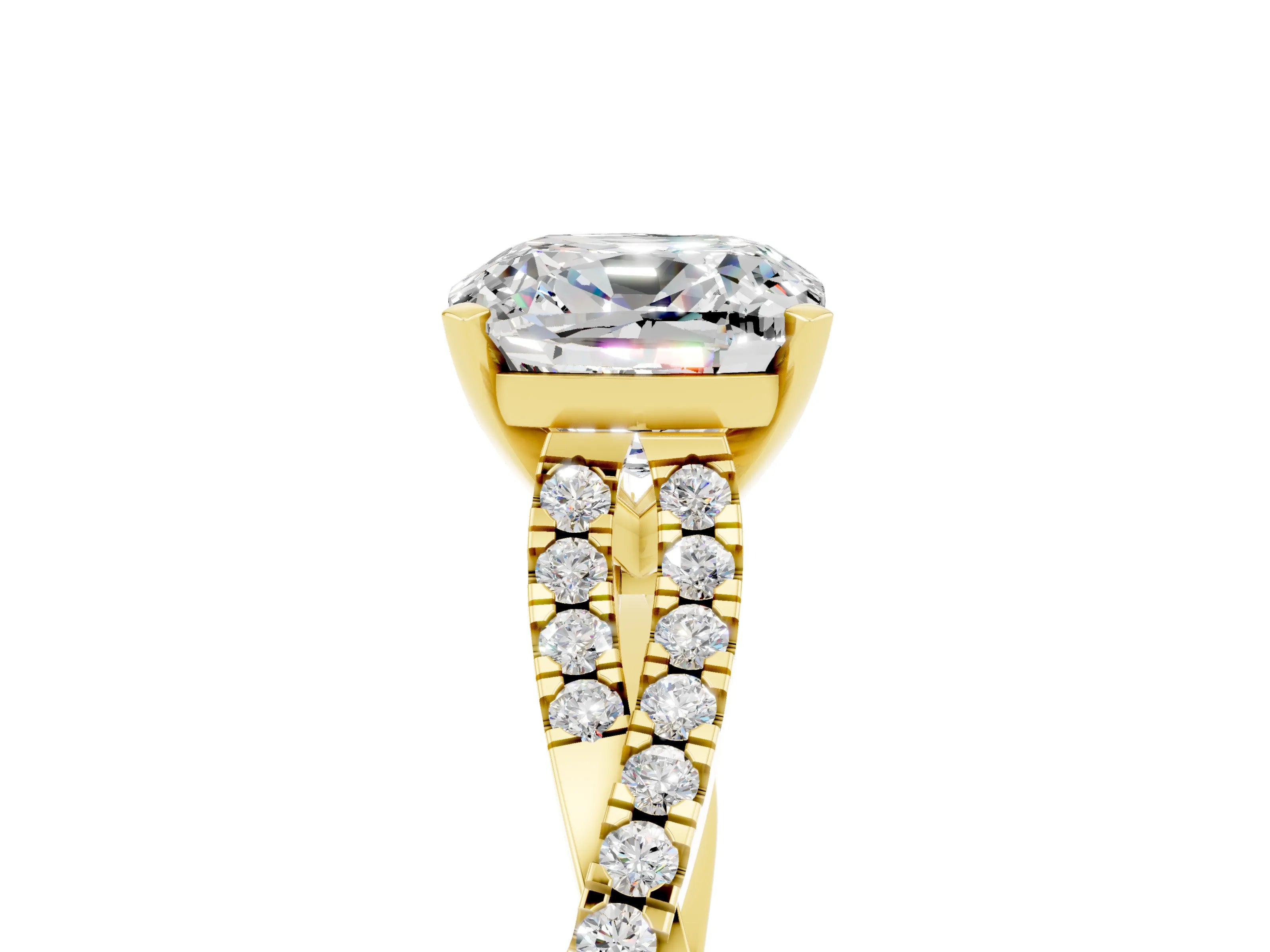 Yellow gold Cushion Cut Moissanite Solitaire Engagement Ring with Twisted Pavé Band and Four-Prong Setting_17