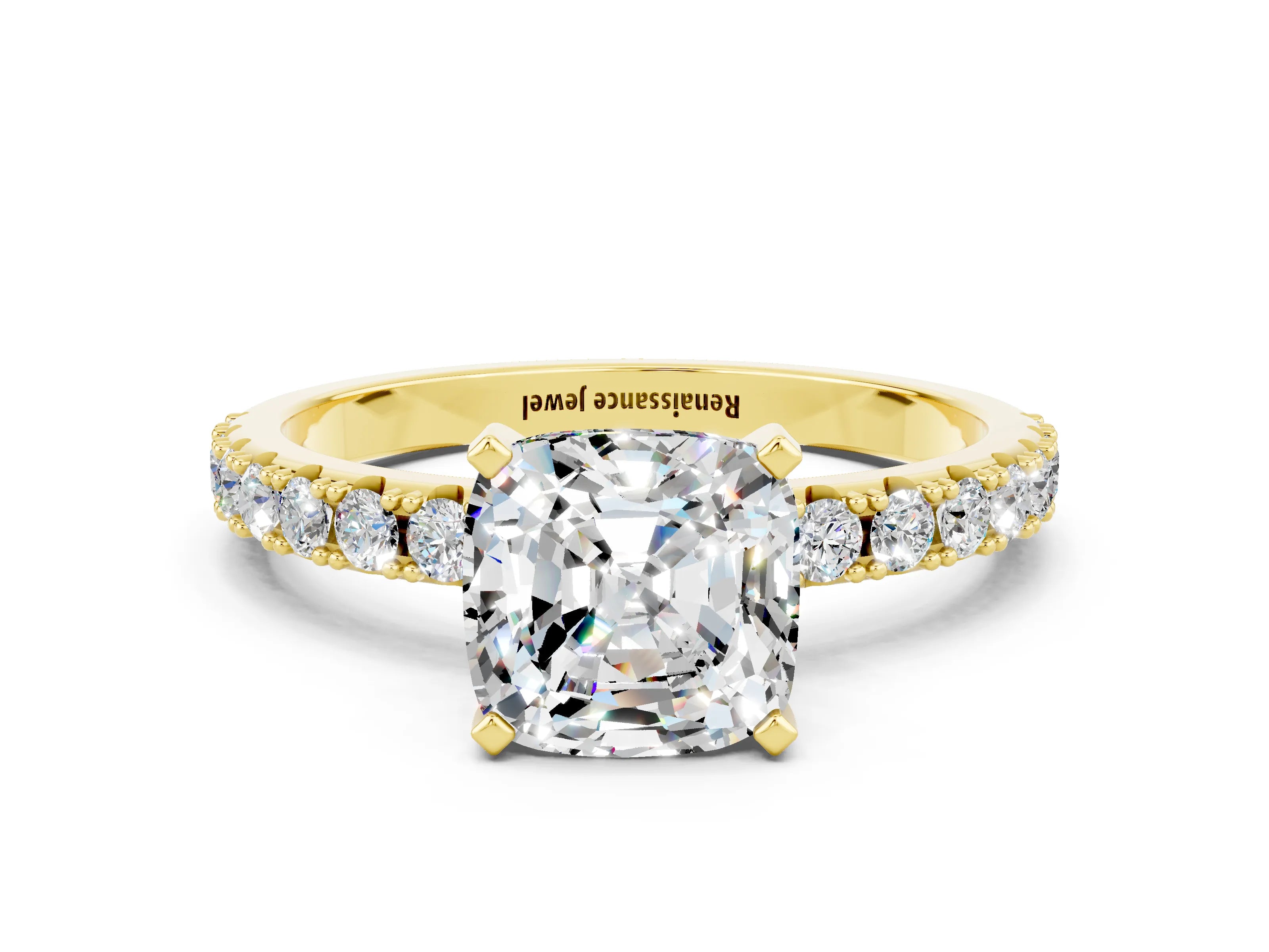 Yellow gold Cushion Cut Moissanite Solitaire Pavé Band with Four-Prong Setting