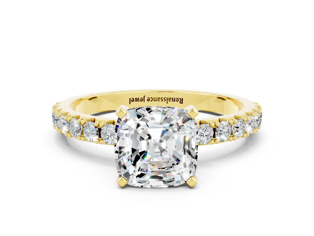 Yellow gold Cushion Cut Moissanite Solitaire Pavé Band with Four-Prong Setting