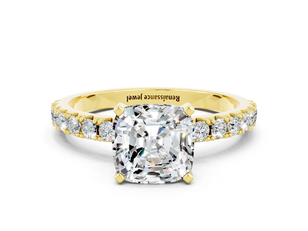 Yellow gold Cushion Cut Moissanite Solitaire Pavé Band with Four-Prong Setting
