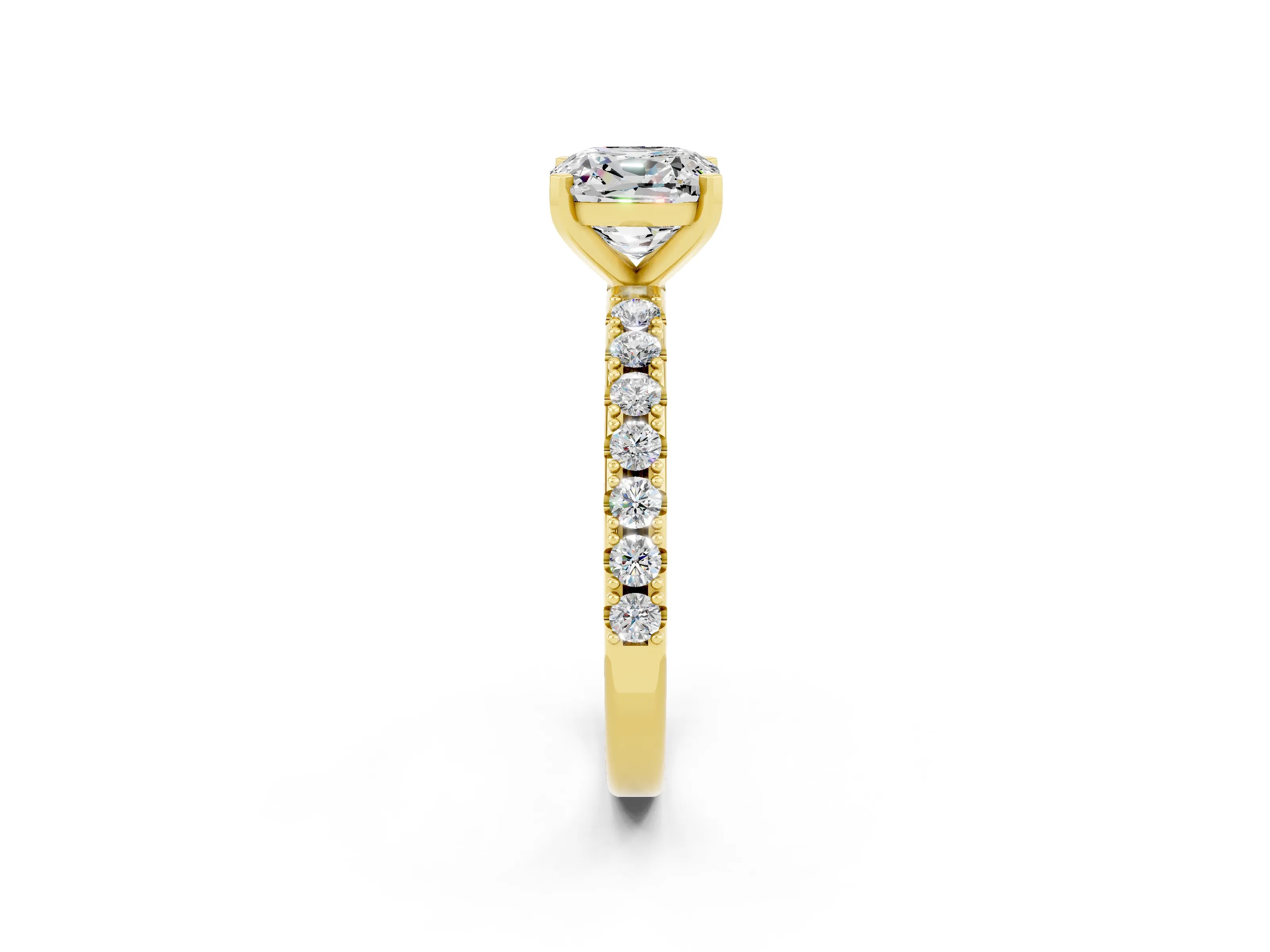 Yellow gold Cushion Cut Moissanite Solitaire Pavé Band with Four-Prong Setting_2