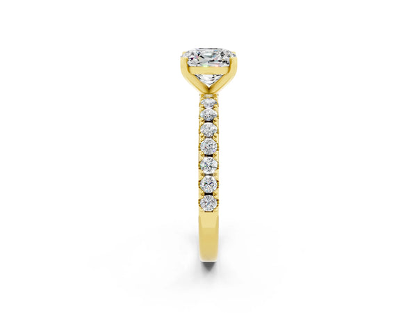 Yellow gold Cushion Cut Moissanite Solitaire Pavé Band with Four-Prong Setting