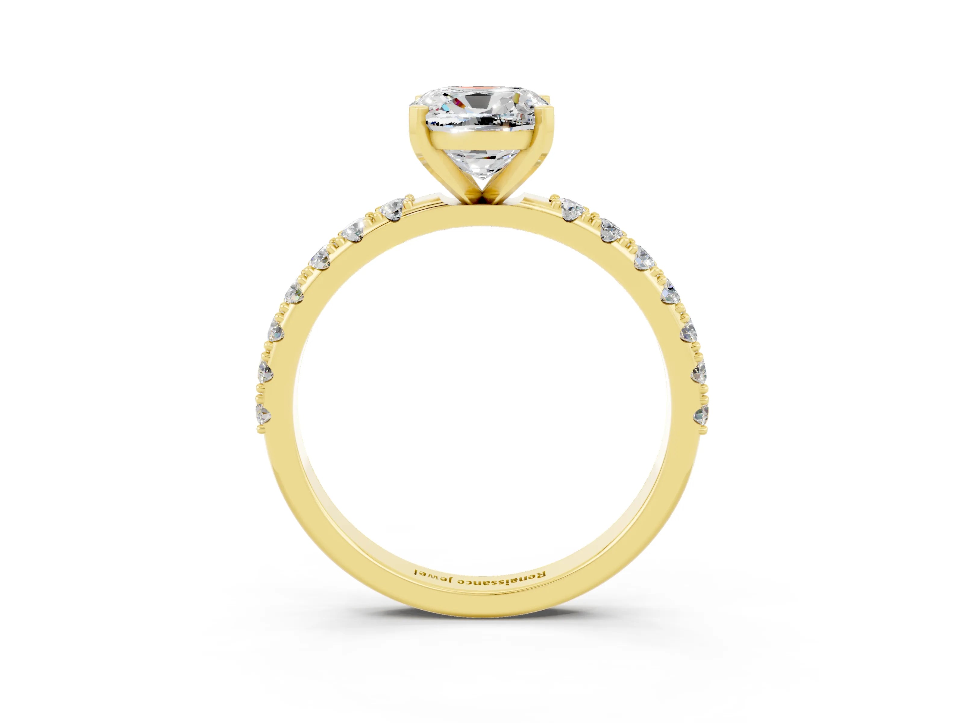 Yellow gold Cushion Cut Moissanite Solitaire Pavé Band with Four-Prong Setting_3