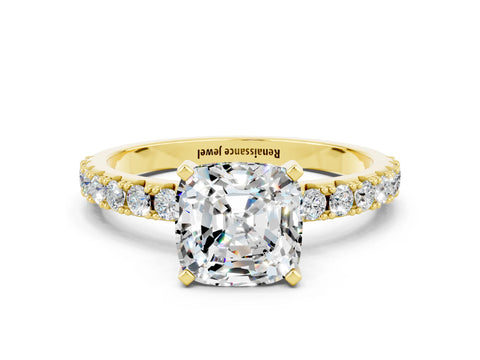 Yellow gold Cushion Cut Moissanite Solitaire Pavé Band with Four-Prong Setting