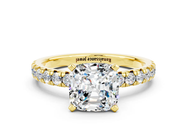 Yellow gold Cushion Cut Moissanite Solitaire Pavé Engagement Ring with Round Band and Prong Setting
