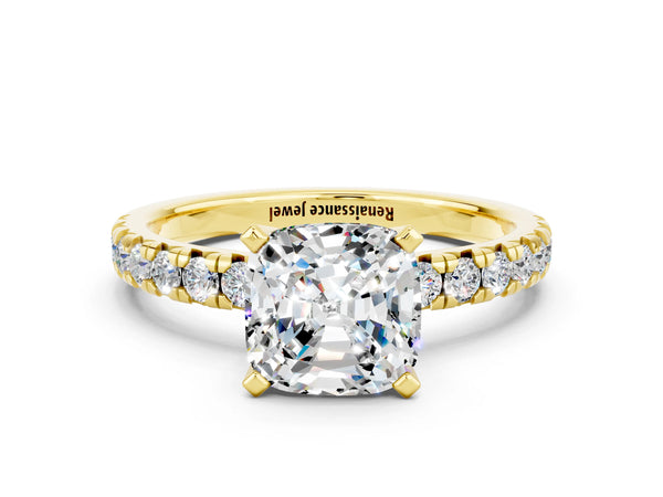 Yellow gold Cushion Cut Moissanite Solitaire Pavé Engagement Ring with Round Band and Prong Setting