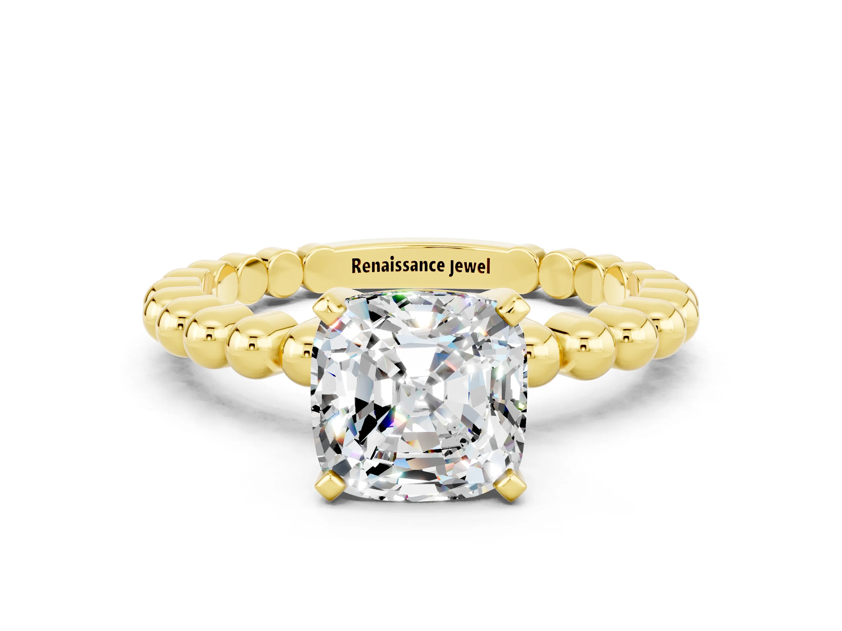 Yellow gold Cushion Cut Moissanite Solitaire Ring with Beaded Band and Prong Setting