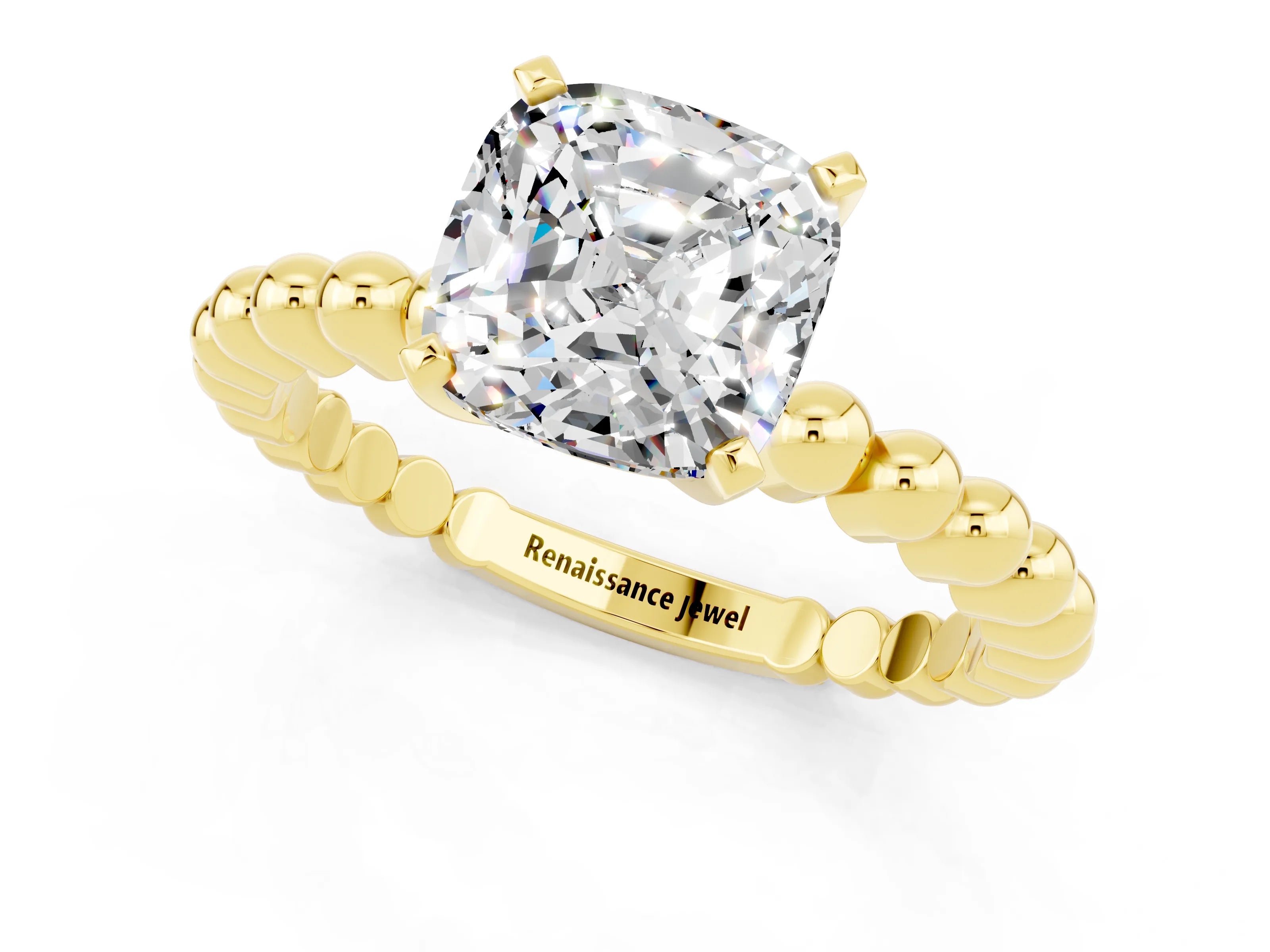 Yellow gold Cushion Cut Moissanite Solitaire Ring with Beaded Band and Prong Setting_1
