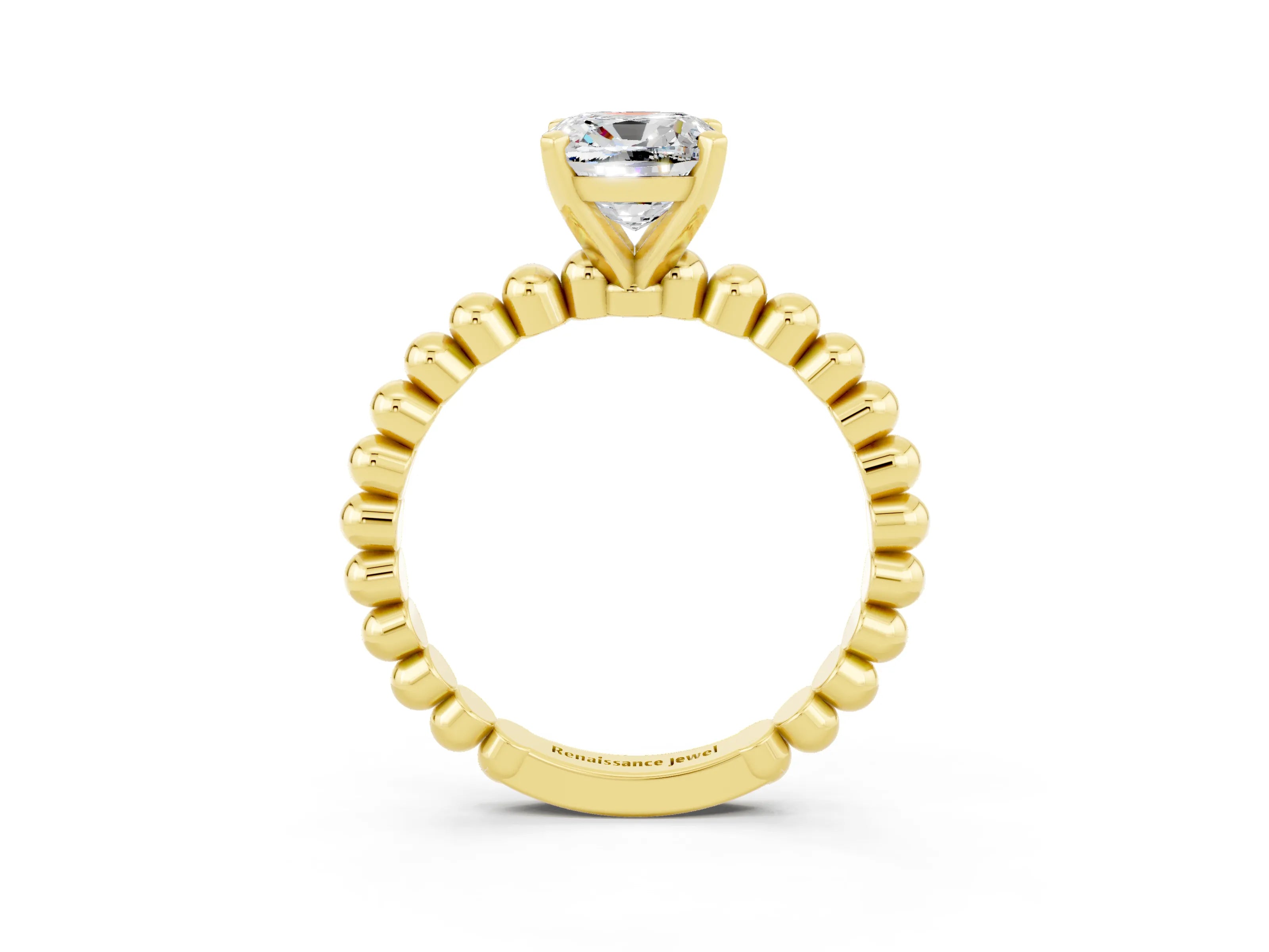 Yellow gold Cushion Cut Moissanite Solitaire Ring with Beaded Band and Prong Setting_3