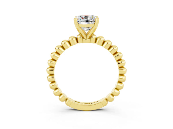 Yellow gold Cushion Cut Moissanite Solitaire Ring with Beaded Band and Prong Setting