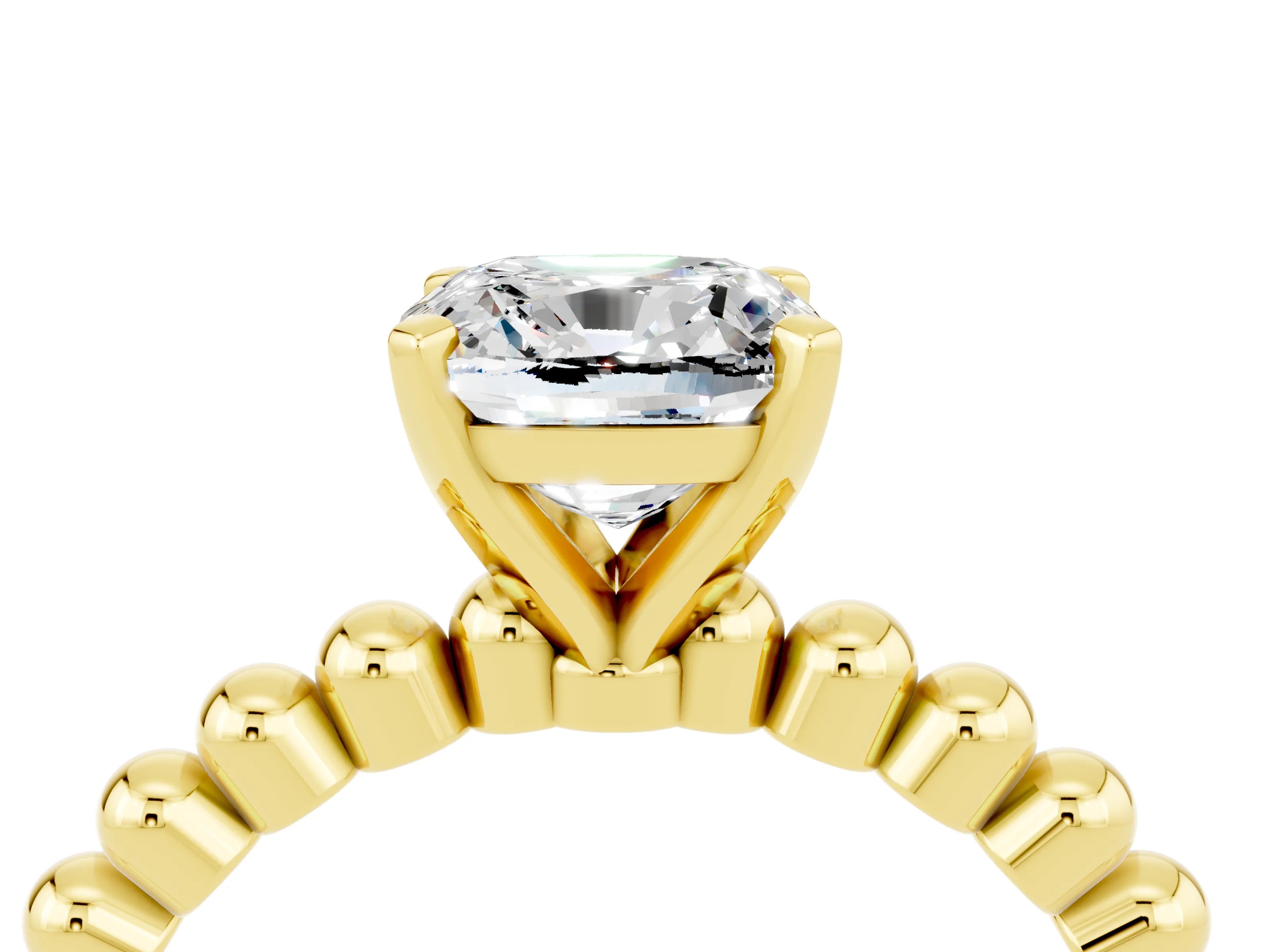 Yellow gold Cushion Cut Moissanite Solitaire Ring with Beaded Band and Prong Setting_4