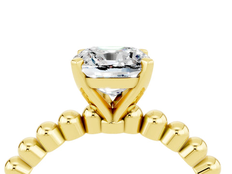 Yellow gold Cushion Cut Moissanite Solitaire Ring with Beaded Band and Prong Setting_4