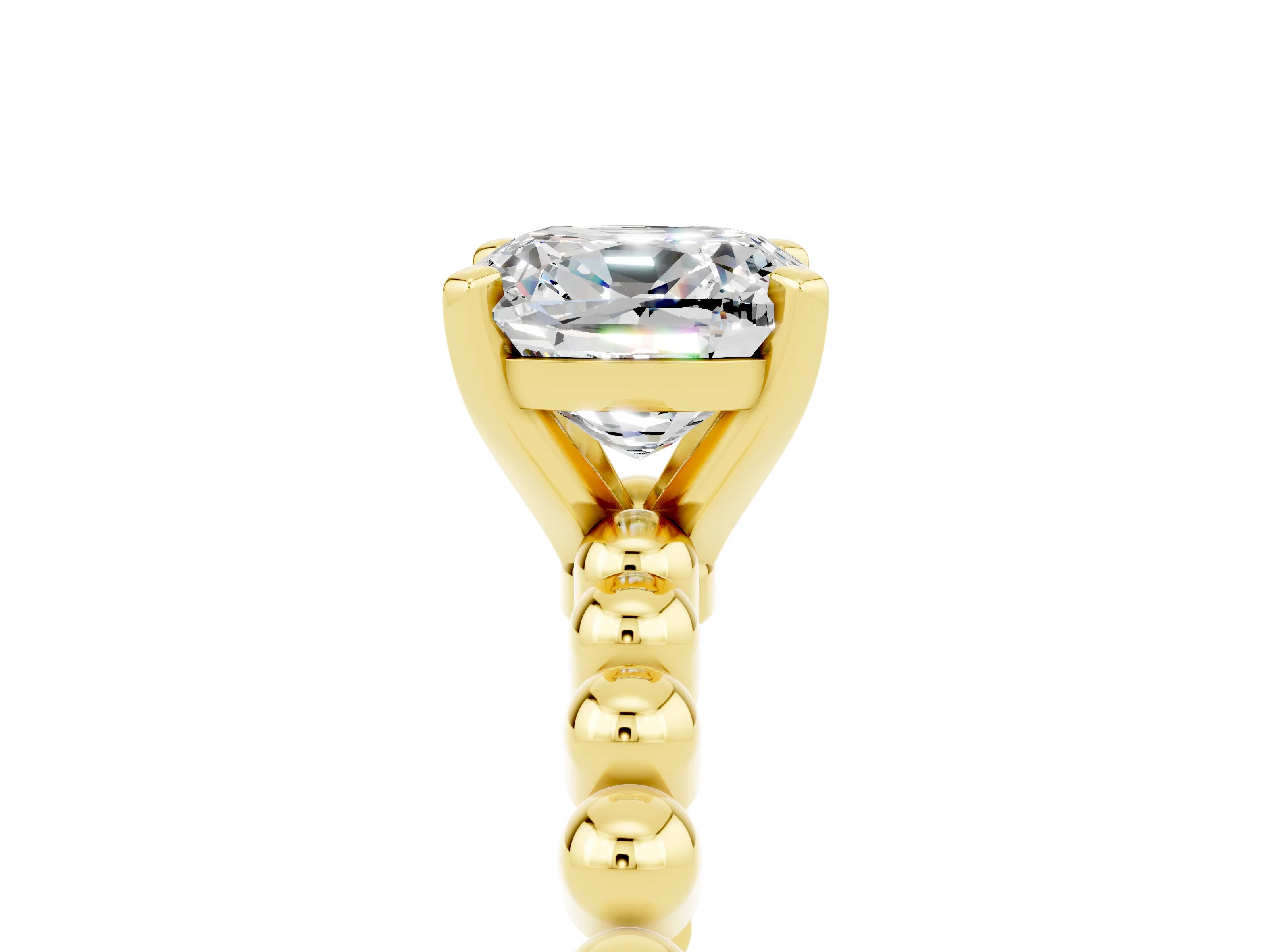 Yellow gold Cushion Cut Moissanite Solitaire Ring with Beaded Band and Prong Setting_5